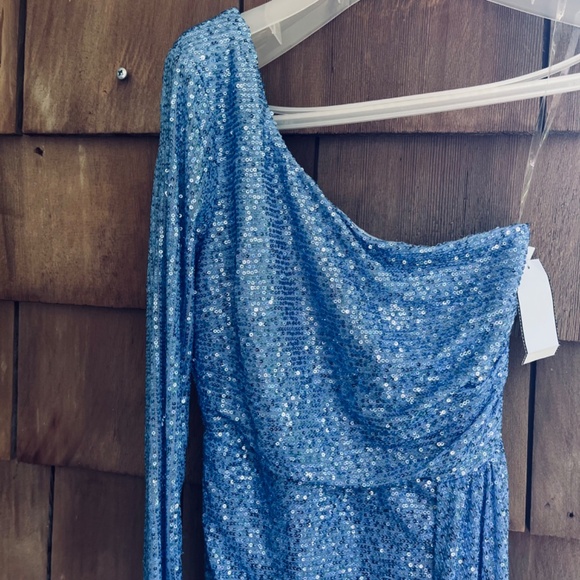 Xtraordinary One Shoulder Sequin Wrap Drape Mini Dress Blue Size 5 - Picture 6 of 16